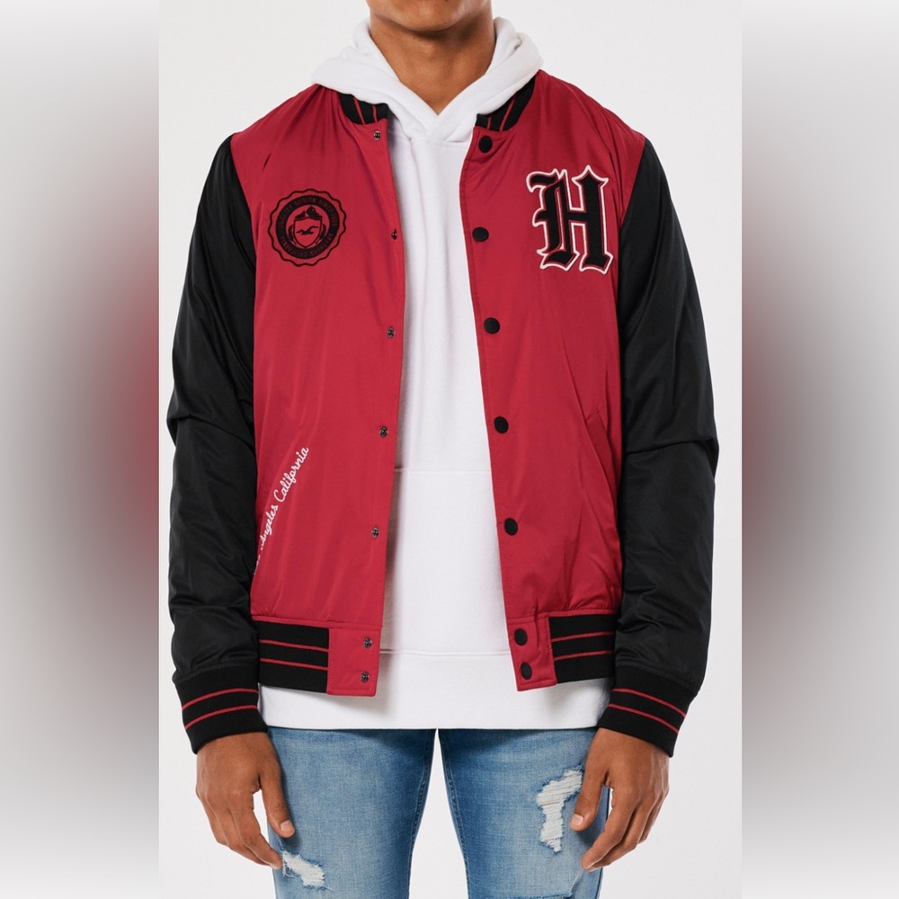 HOLLISTER Varsity Bomber Jacket in Red and Black